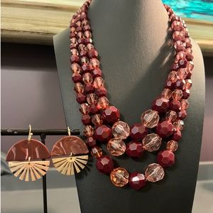 VINTAGE Costume Set/Pink Rose & Cranberry Triple Strand Bead Necklace w/earrings